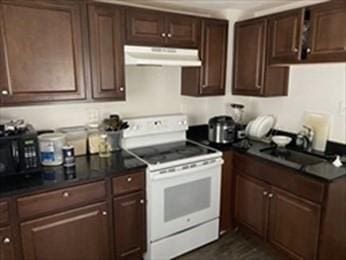 kitchen with electric range, under cabinet range hood, dark countertops, and dark brown cabinetry