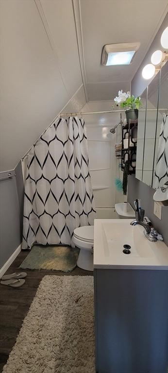 bathroom with toilet, wood finished floors, vanity, vaulted ceiling, and a shower with curtain