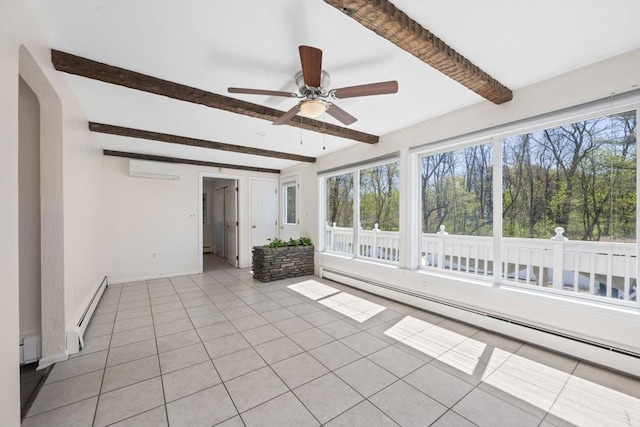 unfurnished sunroom featuring beam ceiling, plenty of natural light, a wall unit AC, and baseboard heating