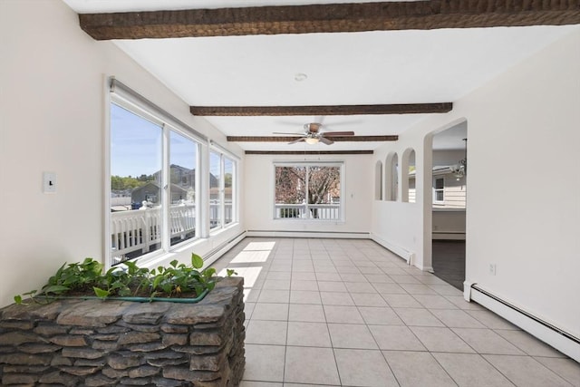 sunroom with baseboard heating and beam ceiling