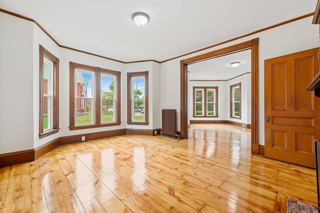 42 Middlesex St, Chelmsford, MA 01863 - empty room featuring ornamental molding, light wood finished floors, baseboards, plenty of natural light, and radiator heating unit