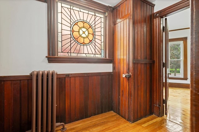 42 Middlesex St, Chelmsford, MA 01863 - detailed view of radiator heating unit, wainscoting, wood finished floors, and wood walls