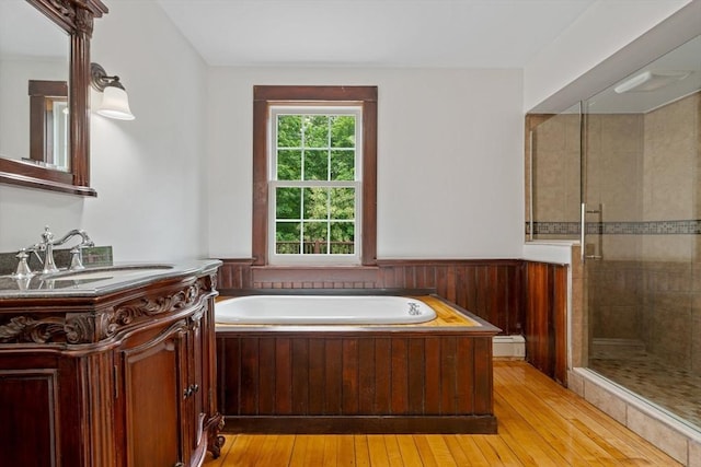 42 Middlesex St, Chelmsford, MA 01863 - full bath featuring vanity, wainscoting, a shower stall, a garden tub, and a baseboard heating unit