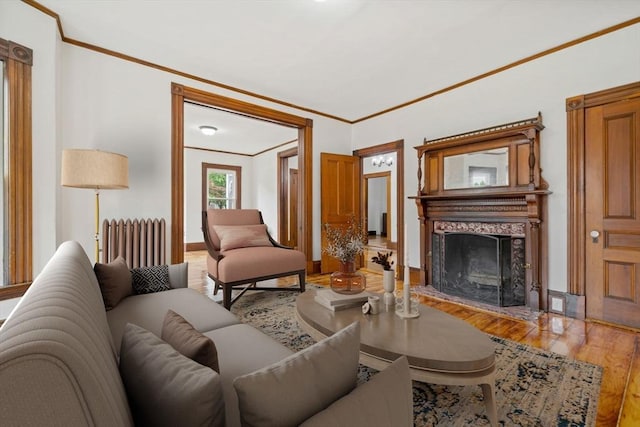 42 Middlesex St, Chelmsford, MA 01863 - living room with radiator, wood finished floors, a fireplace, ornamental molding, and baseboards