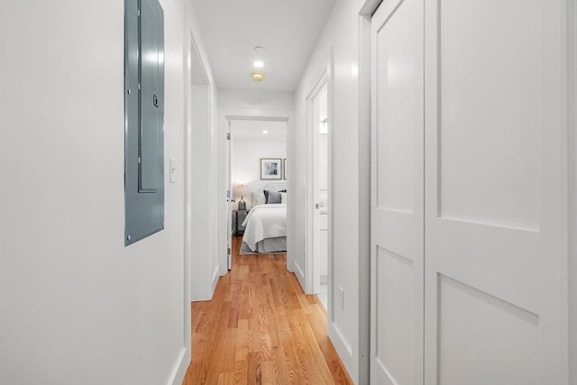 corridor with light hardwood / wood-style flooring and electric panel