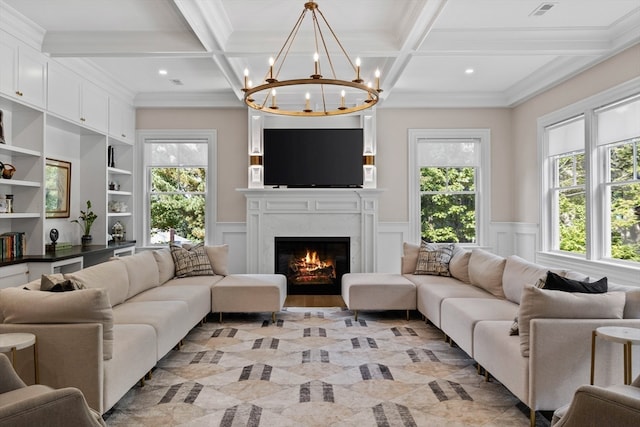 living room featuring beamed ceiling, coffered ceiling, and a premium fireplace