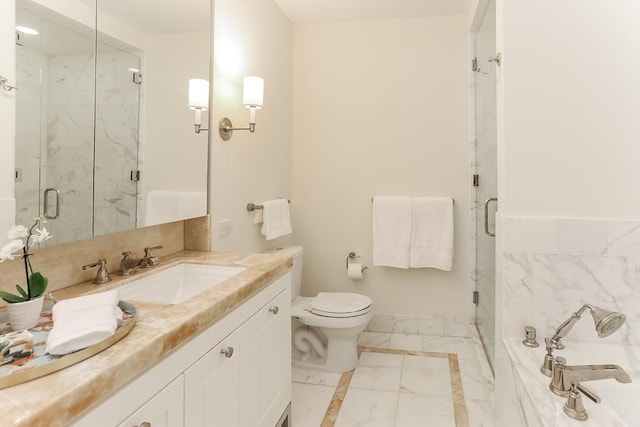 bathroom with vanity, toilet, a marble finish shower, marble finish floor, and a tub to relax in