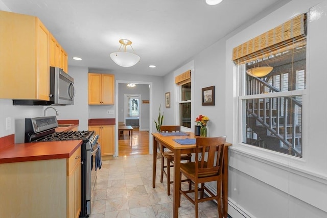 kitchen featuring light brown cabinets, stainless steel appliances, and a wealth of natural light