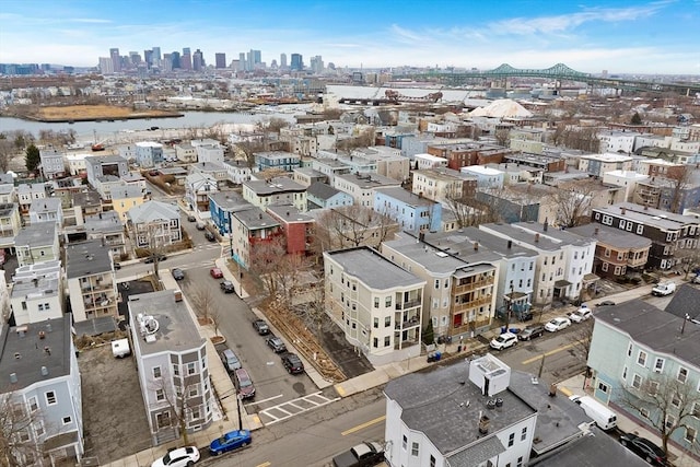 bird's eye view with a city view and a water view