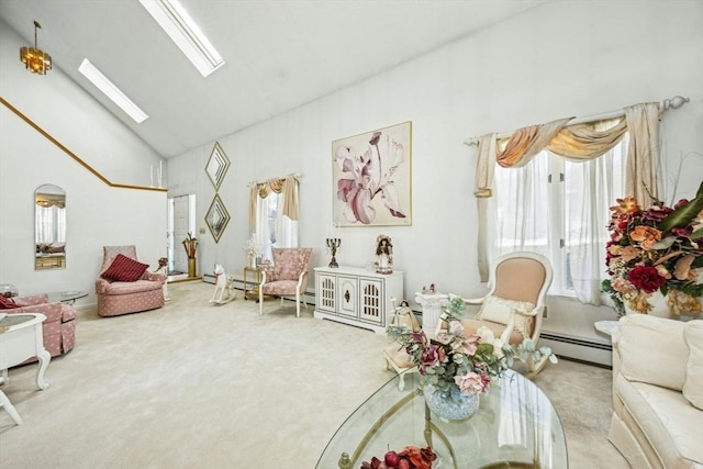 interior space featuring carpet floors, a skylight, and high vaulted ceiling