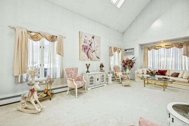 living area with carpet floors, a healthy amount of sunlight, and high vaulted ceiling