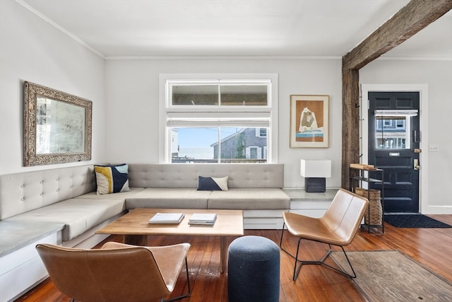 living room with crown molding and wood-type flooring