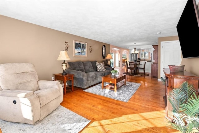 living area featuring a textured ceiling and wood finished floors