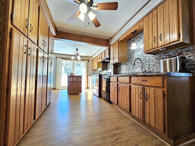 kitchen featuring sink, light hardwood / wood-style flooring, beamed ceiling, and stainless steel electric range oven