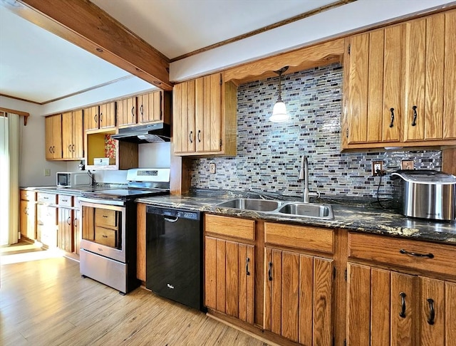 kitchen with sink, decorative light fixtures, electric range, black dishwasher, and beamed ceiling