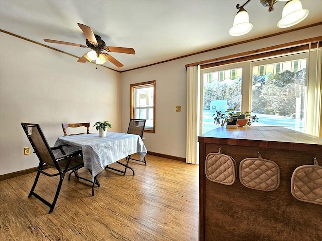 dining room featuring ceiling fan, ornamental molding, and light hardwood / wood-style floors