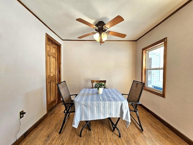 dining space with crown molding, ceiling fan, and light wood-type flooring