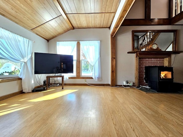 unfurnished living room featuring vaulted ceiling, wooden ceiling, crown molding, and light hardwood / wood-style flooring