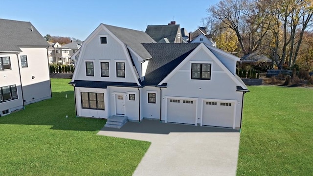 view of front of property with concrete driveway, a front lawn, a garage, and roof with shingles
