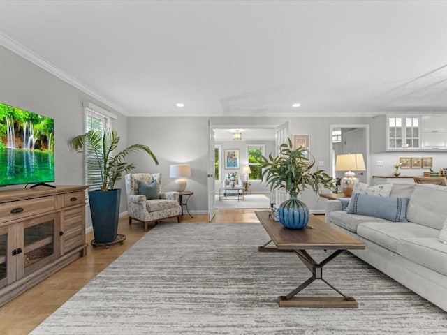 29 Shermans Way, Westwood, MA 02090 - living room featuring ornamental molding, recessed lighting, and light wood-style flooring