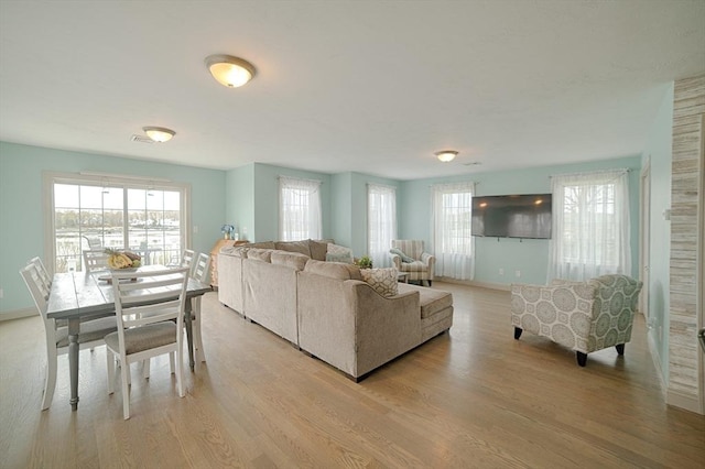 living area featuring baseboards, light wood-style flooring, and a wealth of natural light