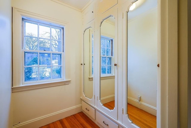 entryway with hardwood / wood-style flooring, a healthy amount of sunlight, and crown molding