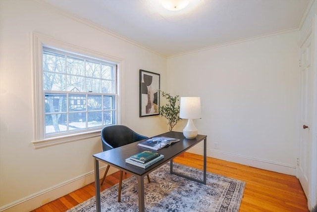 office with ornamental molding and hardwood / wood-style floors