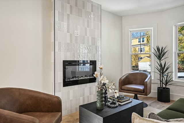 living room featuring hardwood / wood-style floors and a fireplace