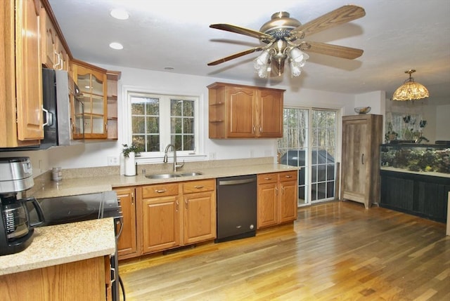 kitchen featuring brown cabinets, a sink, stainless steel appliances, light wood-style floors, and glass insert cabinets