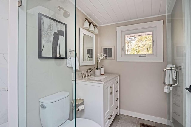 full bath with toilet, ornamental molding, wood ceiling, vanity, and baseboards