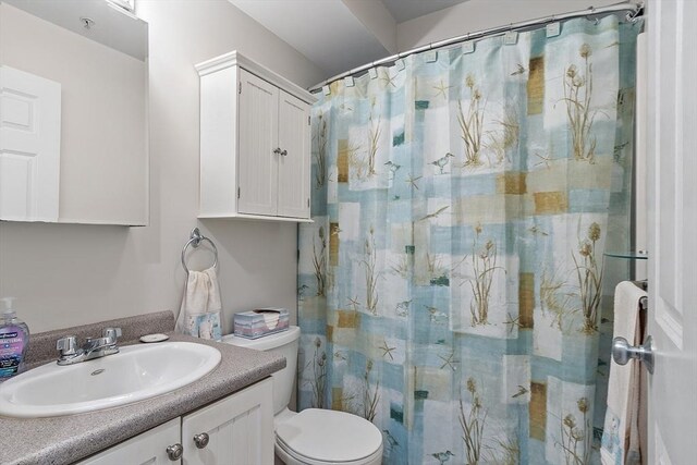 bathroom featuring vanity, curtained shower, and toilet