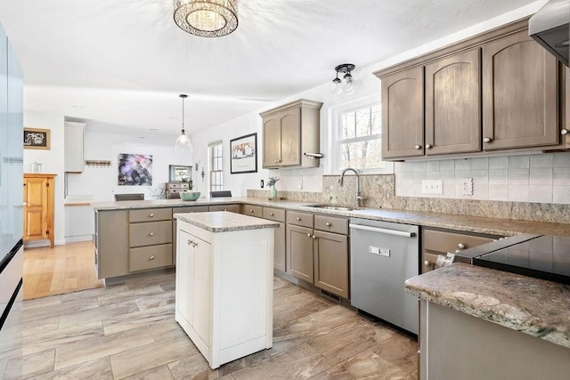 kitchen featuring a sink, backsplash, a peninsula, and dishwasher