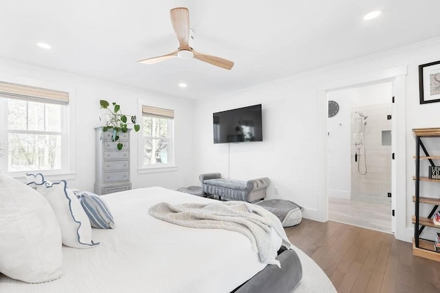 bedroom featuring recessed lighting, a ceiling fan, dark wood-style flooring, and crown molding