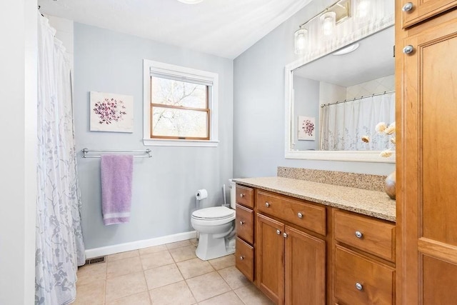 full bathroom with visible vents, vanity, toilet, baseboards, and tile patterned floors