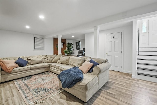 24 Lynn Ln, Southbridge, MA 01550 - living room featuring recessed lighting, light wood finished floors, and stairway