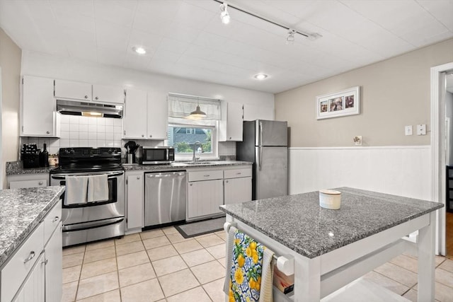 12 Summit Ave Unit 1, Salem, MA 01970 - kitchen with stainless steel appliances, under cabinet range hood, white cabinets, rail lighting, and a wainscoted wall