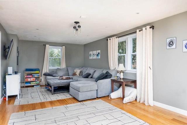 living room with baseboards and wood finished floors