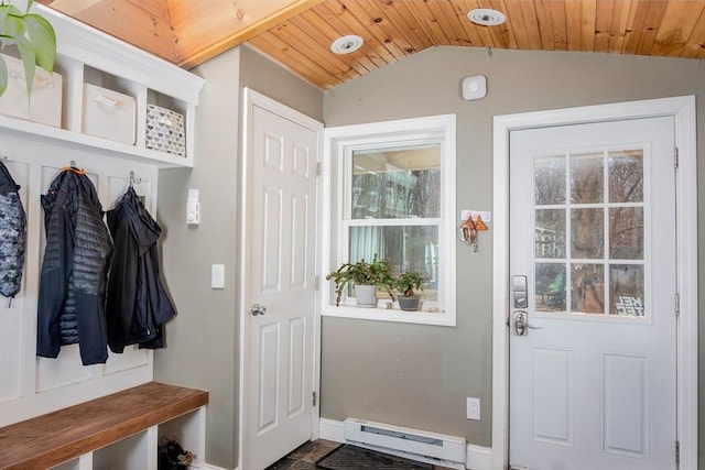 mudroom featuring vaulted ceiling, wooden ceiling, baseboards, and a baseboard radiator