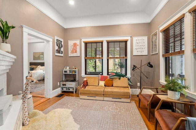 332 Eliot St, Milton, MA 02186 - living area featuring wood finished floors and a brick fireplace
