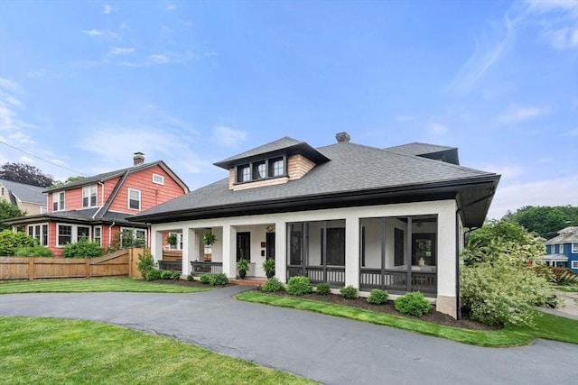332 Eliot St, Milton, MA 02186 - view of front of property with roof with shingles, covered porch, a chimney, and stucco siding