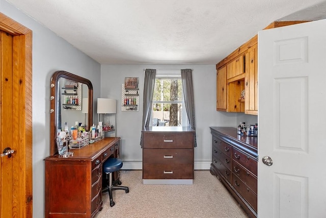 office space with light colored carpet and a baseboard radiator