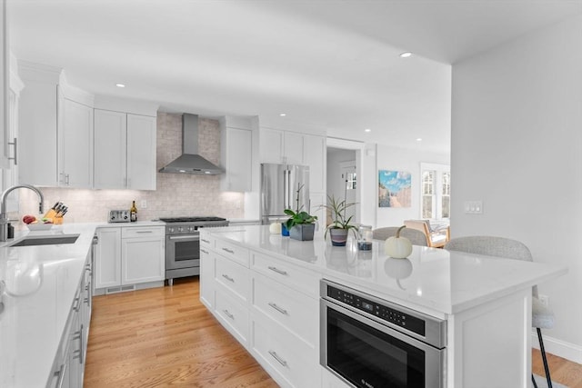 kitchen featuring sink, wall chimney exhaust hood, a kitchen bar, white cabinetry, and stainless steel appliances