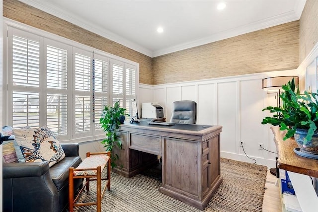 7 Bethpage Ln, Plymouth, MA 02360 - office area featuring a wainscoted wall, recessed lighting, ornamental molding, and a decorative wall