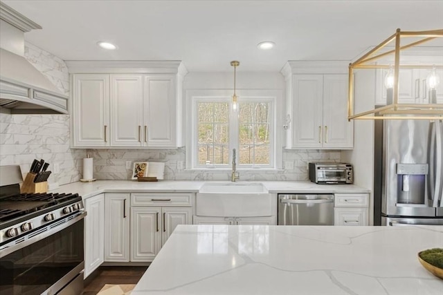 4 Barrows Brook Cir, Kingston, MA 02364 - kitchen with appliances with stainless steel finishes, custom range hood, white cabinetry, light stone counters, and recessed lighting