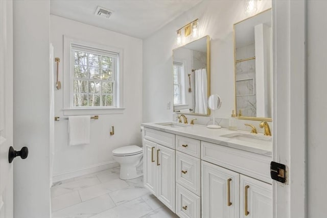 4 Barrows Brook Cir, Kingston, MA 02364 - full bathroom with marble finish floors, toilet, baseboards, double vanity, and a shower with curtain