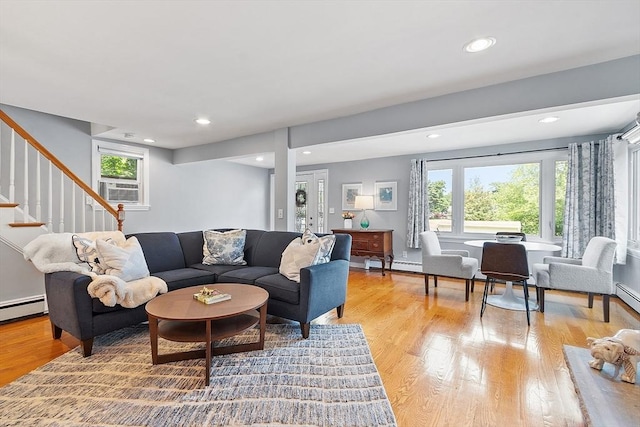 9 Crescent Ave, Lynnfield, MA 01940 - living room with stairs, light wood-type flooring, cooling unit, recessed lighting, and a baseboard radiator