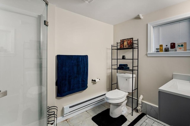 bathroom with toilet, a shower stall, a baseboard heating unit, marble finish floor, and vanity