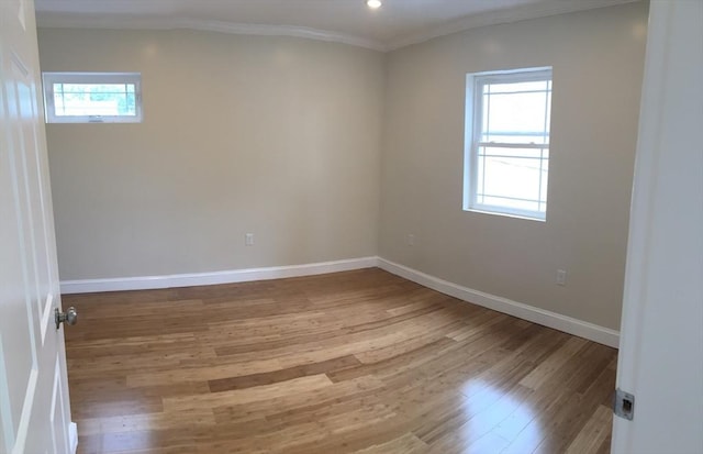 empty room featuring crown molding, plenty of natural light, and light wood-type flooring