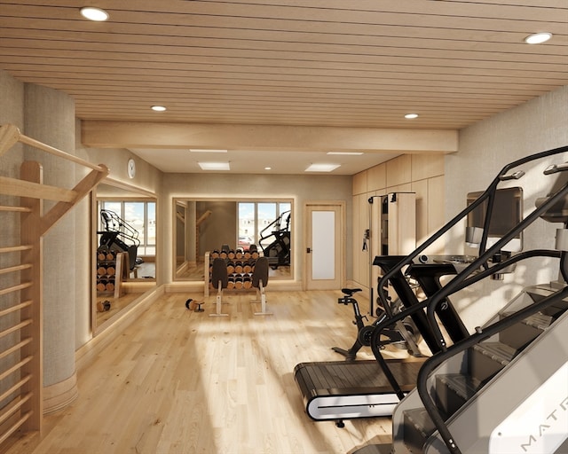 workout room with wood ceiling and light wood-type flooring