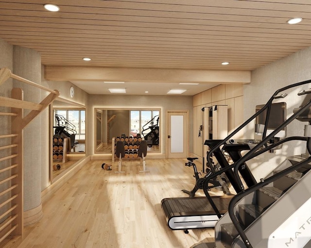 61 Hall St Unit 3, Waltham, MA 02453 - workout room with wood ceiling, light wood finished floors, and recessed lighting